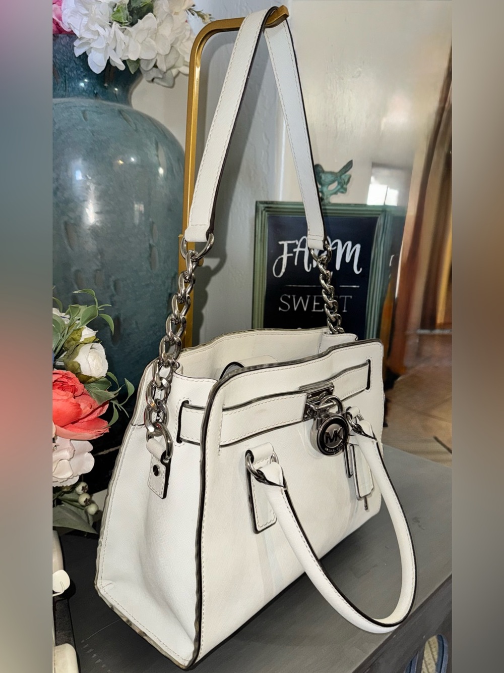 Michael Kors Hamilton White Saffiano Satchel w Silver Hardware & Working Lock - Picture 4 of 14